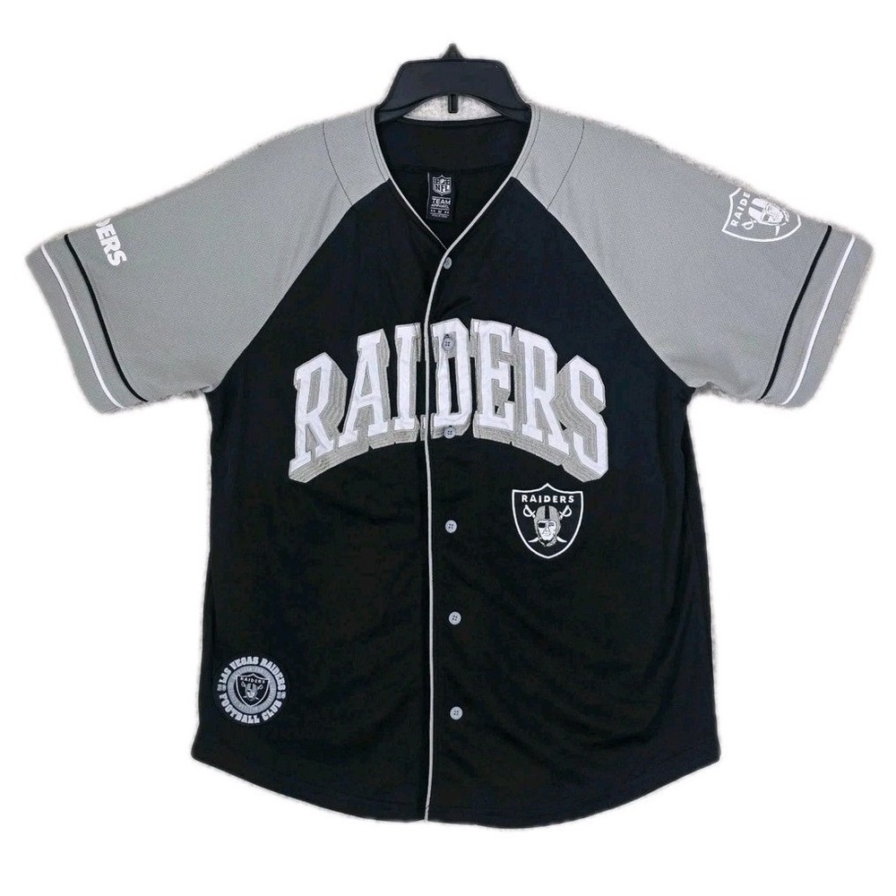 NFL Team Apparel Las Vegas Raiders Baseball Jersey Mens M Black Grey Sewn Logo